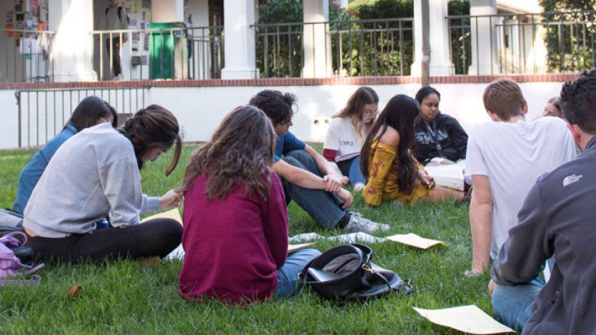 学生围成一圈坐在草地上